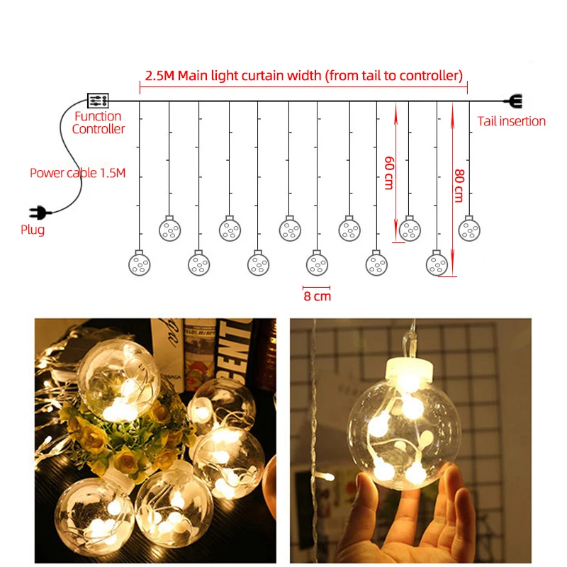 Светодиодный светильник из медной проволоки, 2,5 м, занавеска, 220 В, штепсельная вилка европейского стандарта, гирлянды, сказочное освещение, уличное, свадебное, Рождественское украшение, шар желаний