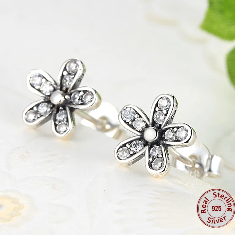 

Authentic 925 Sterling Silver flower earrings,925 sterling silver Dazzling Daisy Stud Earrings With Clear CZ for Women Jewelry