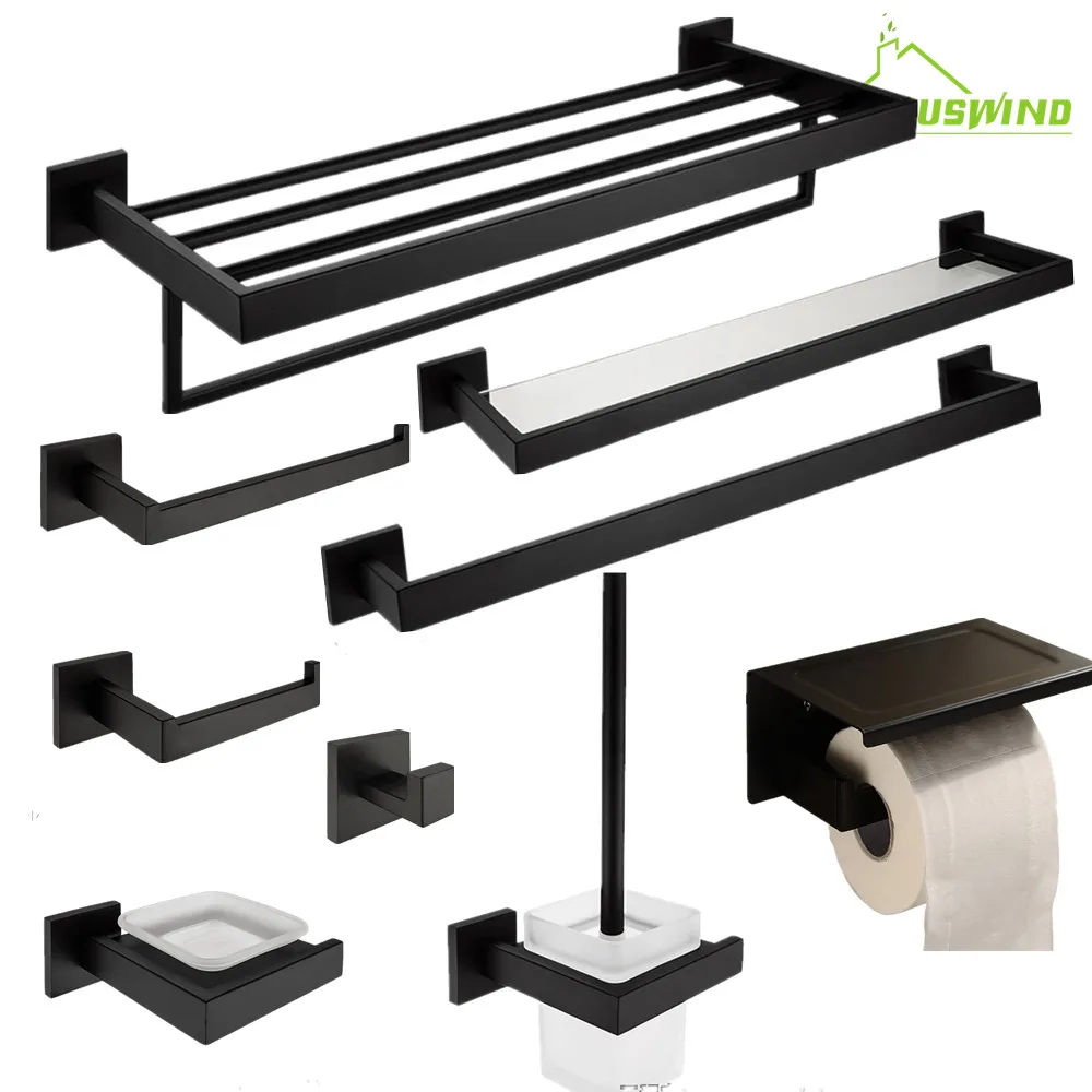 

AUSWIND Black Square Bathroom Hardware Set Wall Mounted Towel Rack Hook Soap Dish Paper Holder for Bathroom Accessories Set