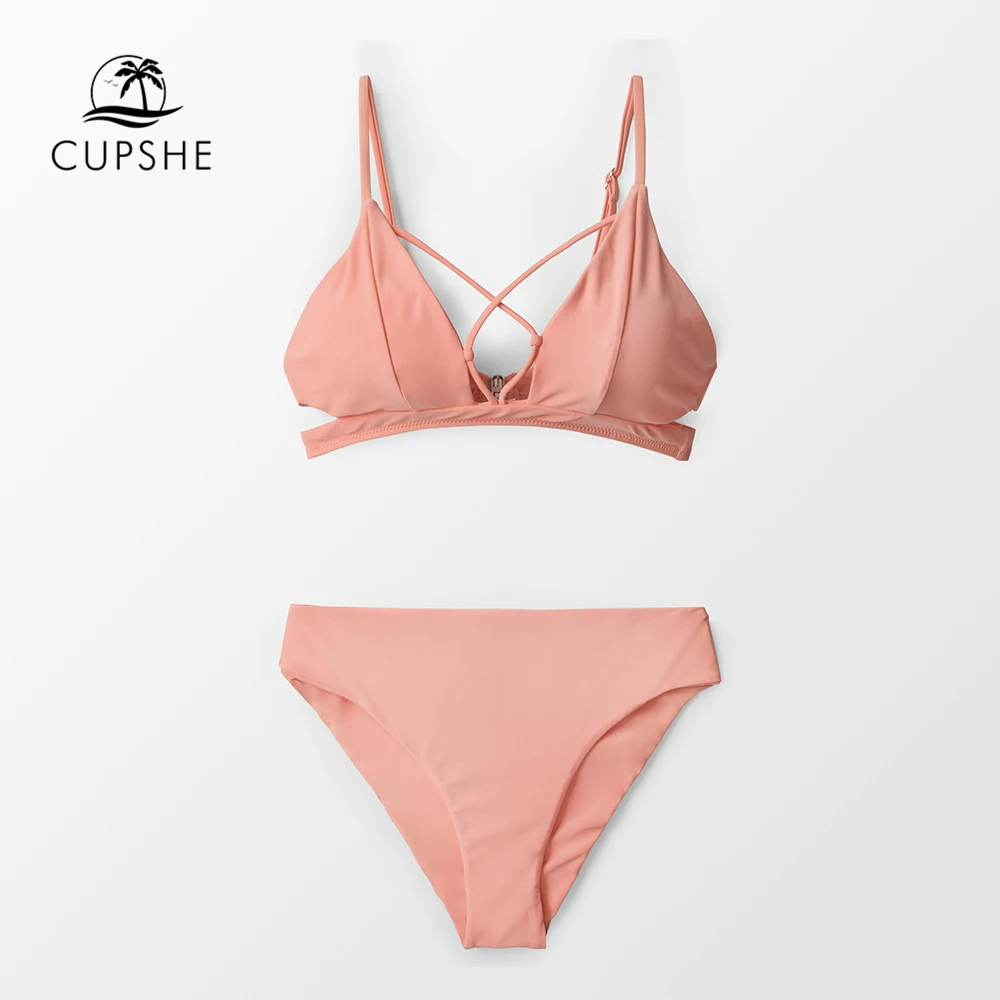 

CUPSHE Sexy Pink Crisscross Bikini Sets Women Solid High Waist Two Pieces Swimsuits 2019 Girl Beach Bathing Suits Swimwear