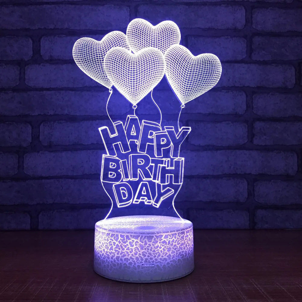 СВЕТОДИОДНЫЙ ночник в форме сердца Happy Birhtday акриловая Настольная лампа с 3D