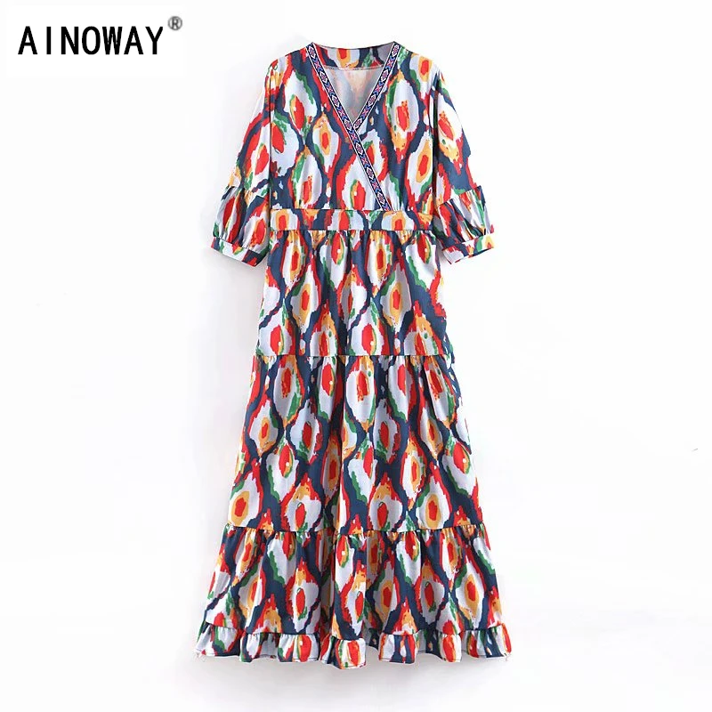 

Vintage chic women Floral print three quarter beach Bohemian maxi dress Ladies v-neck Summer Boho dress vestidos
