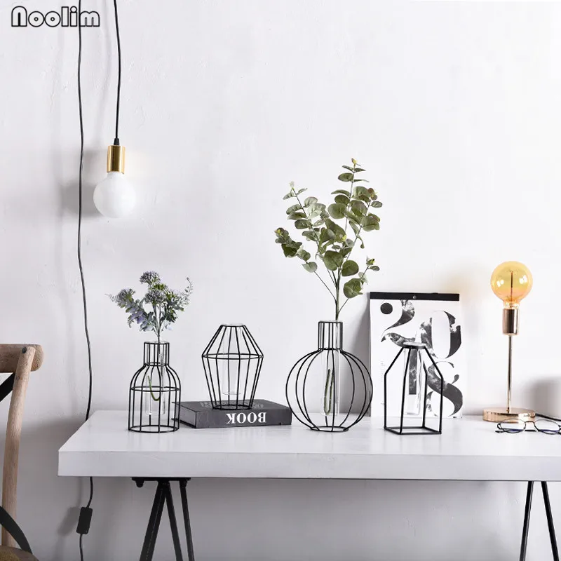 

NOOLIM Nordic Style Geometric Glass Scindapsus Hydroponic Vase Dried Flower Fake Flower Iron Vase Living Room Table Decoration