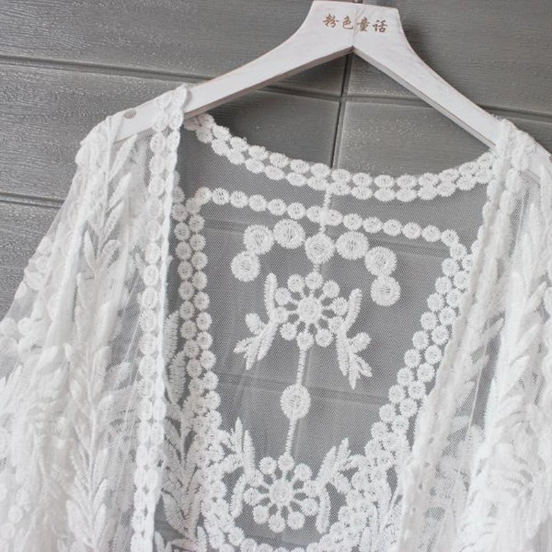 Lace Cardigan 2019 Summer Kimono Cardigan Women Long Cardigans Embroidery White Shirt Korean Clothes Long Sleeve Beach Crochet