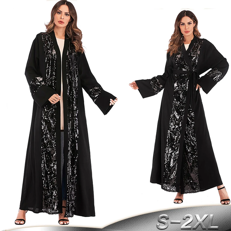 Black Abaya Dubai Kaftan Arab Islam Sequined Cardigan Muslim Hijab
