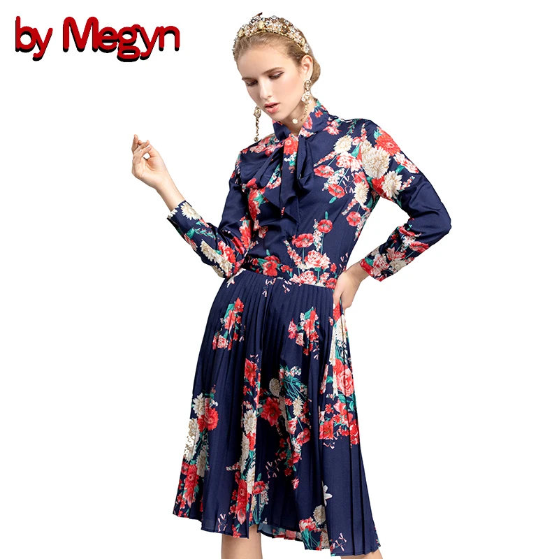 

by Megyn woman set suits 2019 autumn elegant flower print long sleeve shirts and pleated knee-length skirt sets ensemble femme