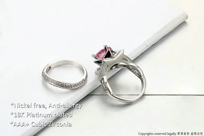 Double Fair Brand Cubic Zirconia Pink Stone Rings Sets Silver Color Fashion Wedding Crystal Ring Sets Women Jewelry DFR698
