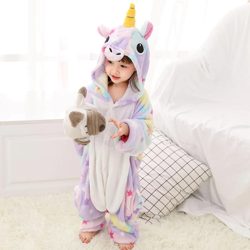 Kigurumi Children's Pajamas Winter Acetatae Flannel Animal Cartoon Boys Glirs Unisex Pajama For 4 6 8 10 12 Y children Clothing
