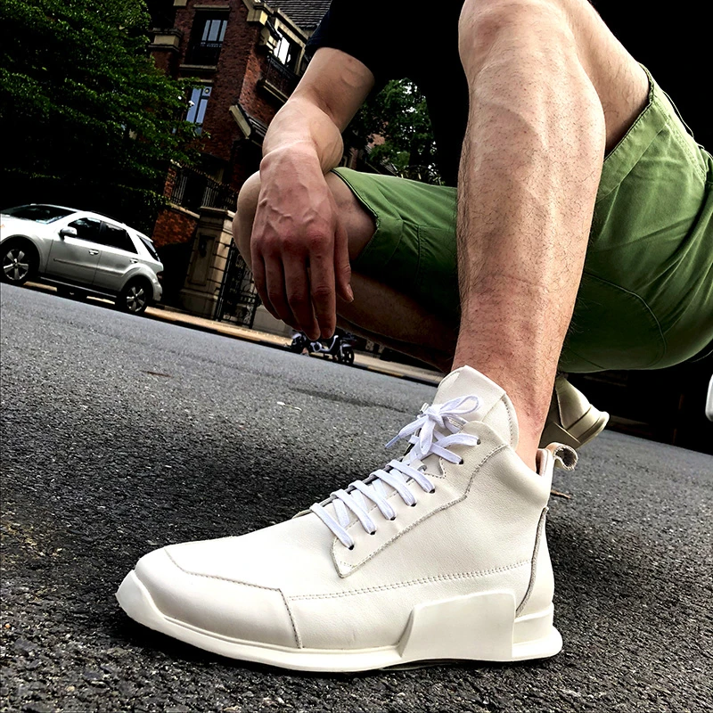 

Hot Sale Men Shoes Pig Leather Casual Shoes Men's High Top Lace Up White Black Size Ankle Booties Men Sneakers zapatos de mujer