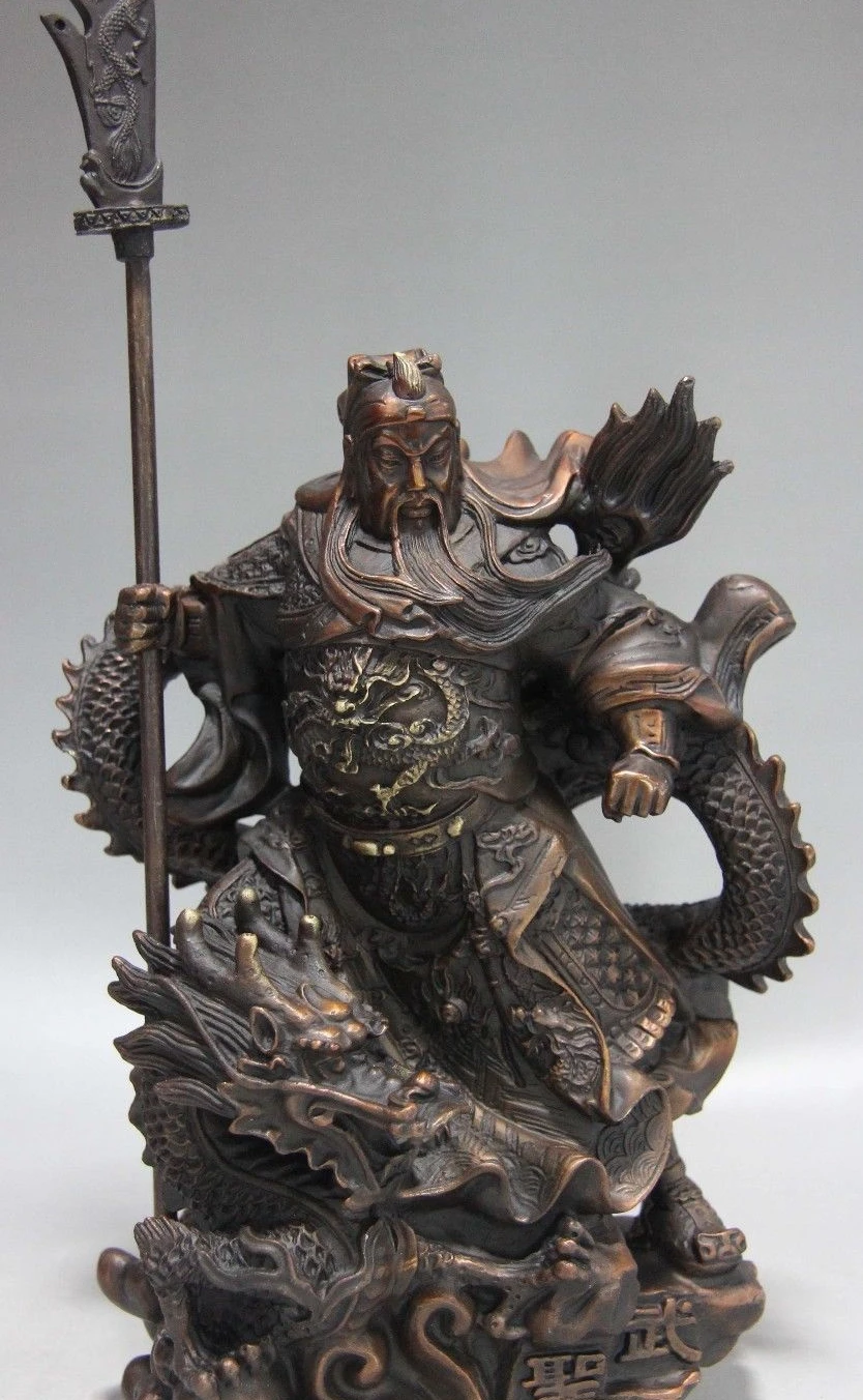 

Chinese Red Copper Bronze Wu saint Ride Dragon Guan Gong Guan Yu Warrior Statue
