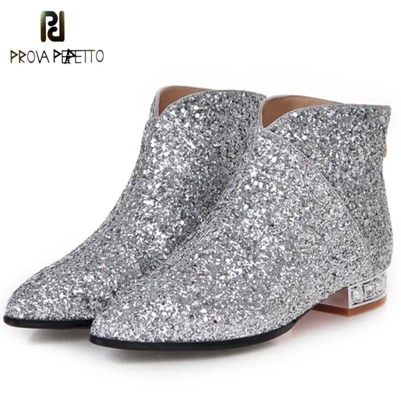 

Prova Perfetto Hot Sell Bling Gold Silver Sequin Ladies Ankle Boots Pointed Toe Crystal Heel Short Boots Warm Plush Women Boots
