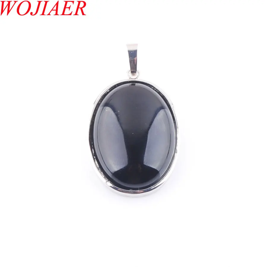 

WOJIAER Natural Black Agates Gem Stone Bead Oval Silver Plated Healing Reiki Chakra Pendant Jewelry 1pcs PN3221