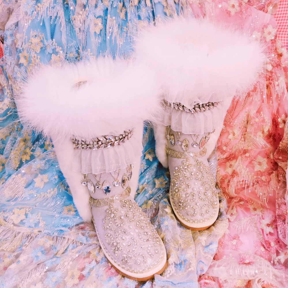 Gema De Mujer 2018 Rhinestone 34 Blanco 40 Botas Uno Pesada Europeo Caliente Invierno Zorro Embarcación Piel 41 Gran Nieve Lujo Tamaño Yd6xn0