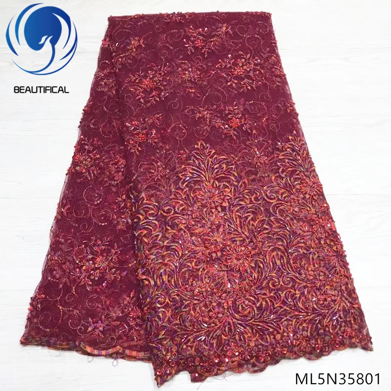 

Beautifical african lace fabrics New arrival beads net lace fabric with sequins 5yards handcrafted beaded lace fabrics ML5N358
