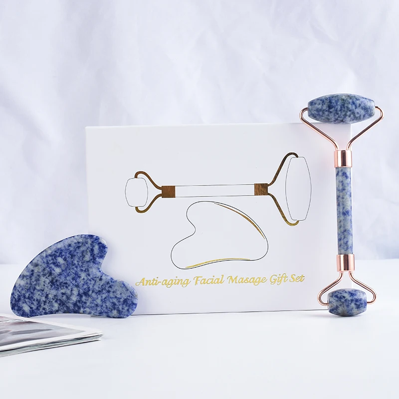 

JEAXI Natural Sodalite Slimming Face Massage Tool Jade Facial Massage Roller Massage Stone Health Beauty Gift Set