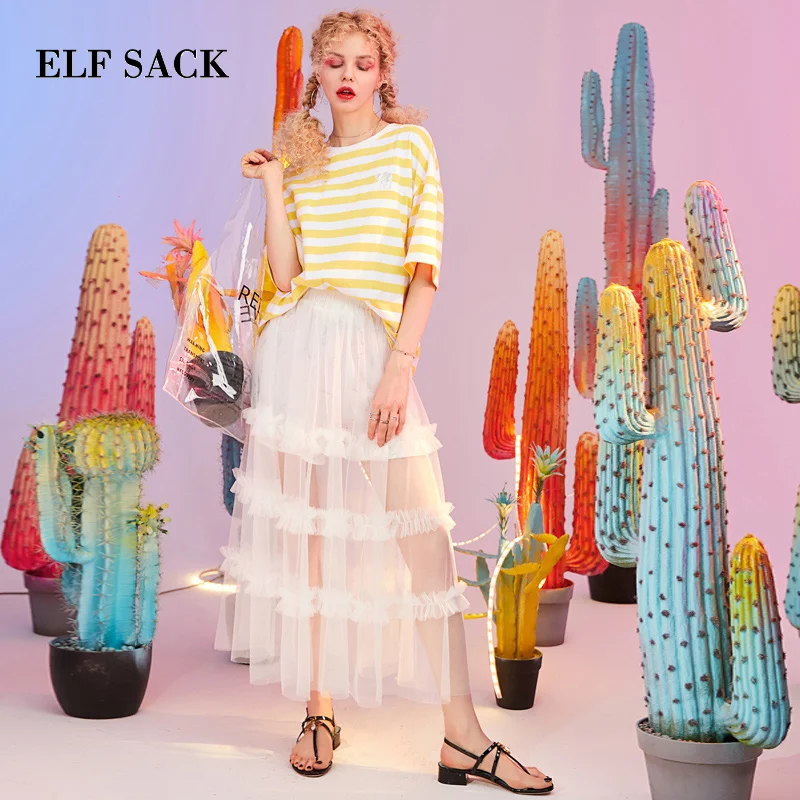 

ELF SACK New Cotton Woman T-shirt Casual Oversized Stripe O-Neck Women Tops Print Femme T-shirts Stylish Loose Ladies Tees