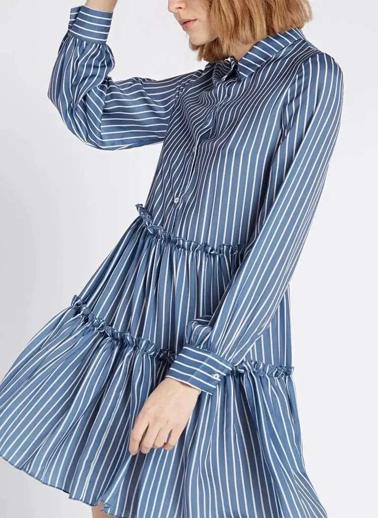 

2019 New Women Striped Dress Long Sleeve Ruffle Loose Fresh Dress