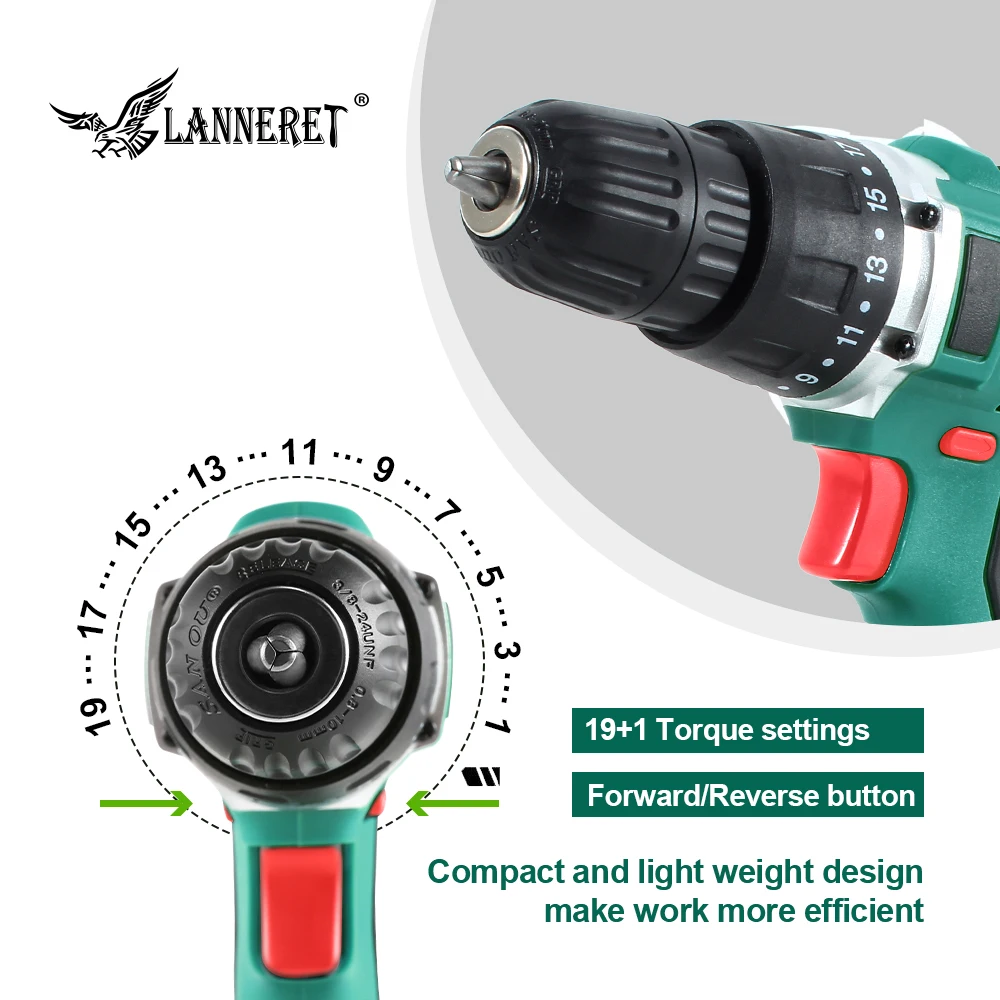  LANNERET 18V 45Nm DC Lithium-ion Battery 3/8inch 2-Speed Electric Cordless Drill Mini Electric Scre