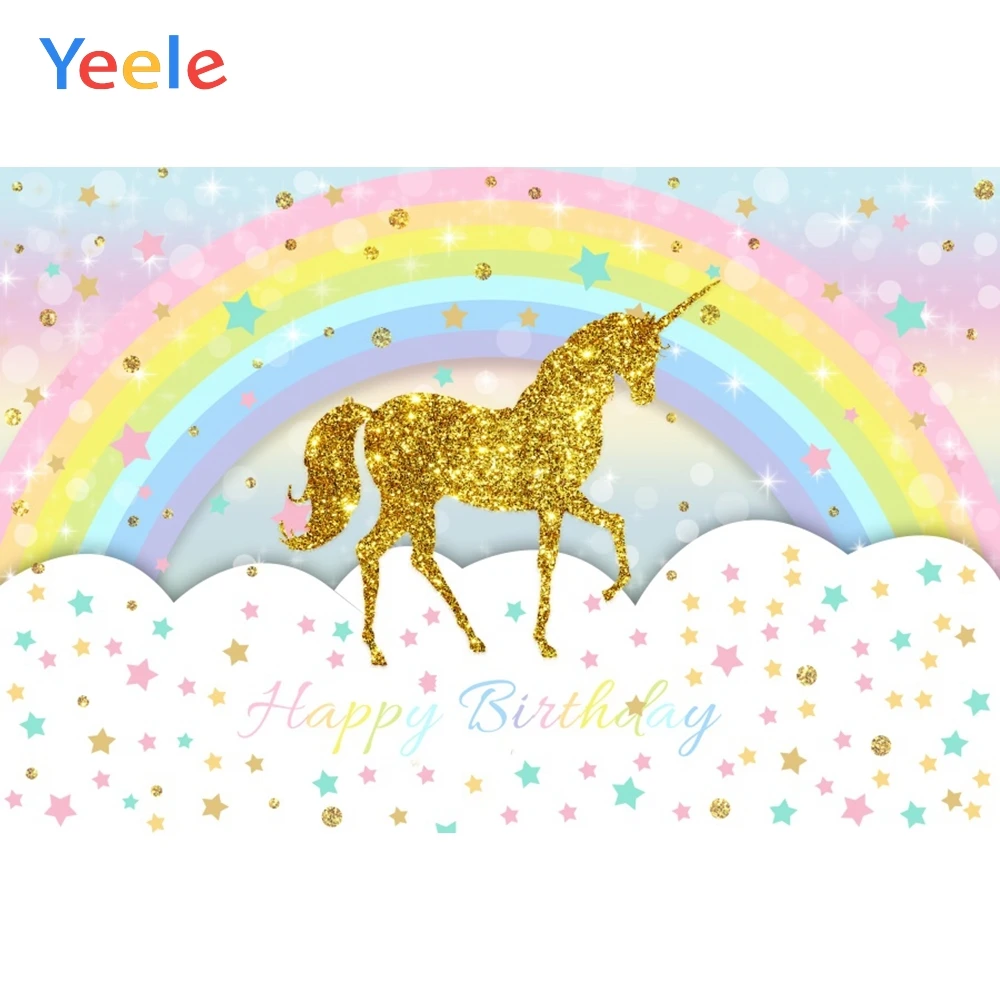 

Yeele Golden Unicorn Rainbow Clouds Party Birthday Photography Backgrounds Customized Photographic Backdrops for Photo Studio