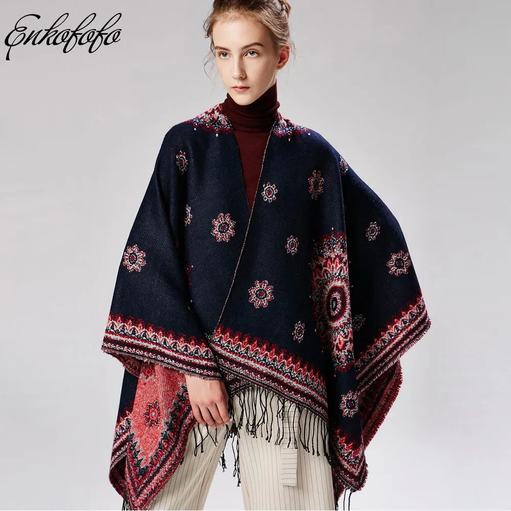 

2019 Quality Oversized Reversible Reversed Women Winter Print Knitted Cashmere Thick Poncho Capes Shawl Cardigans Sweater Coat