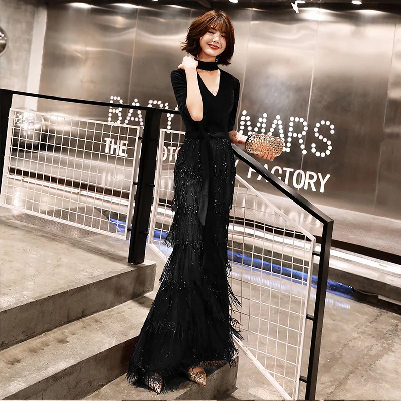 weiyin 2019 Velvet Evening Dresses Long Mermaid Black Formal Dress Sequined Abendkleider Women robe de soiree longue WY1451 weiyin 2019 Velvet Evening Dresses Long Mermaid Black Formal Dress Sequined Abendkleider Women robe de soiree longue WY1451