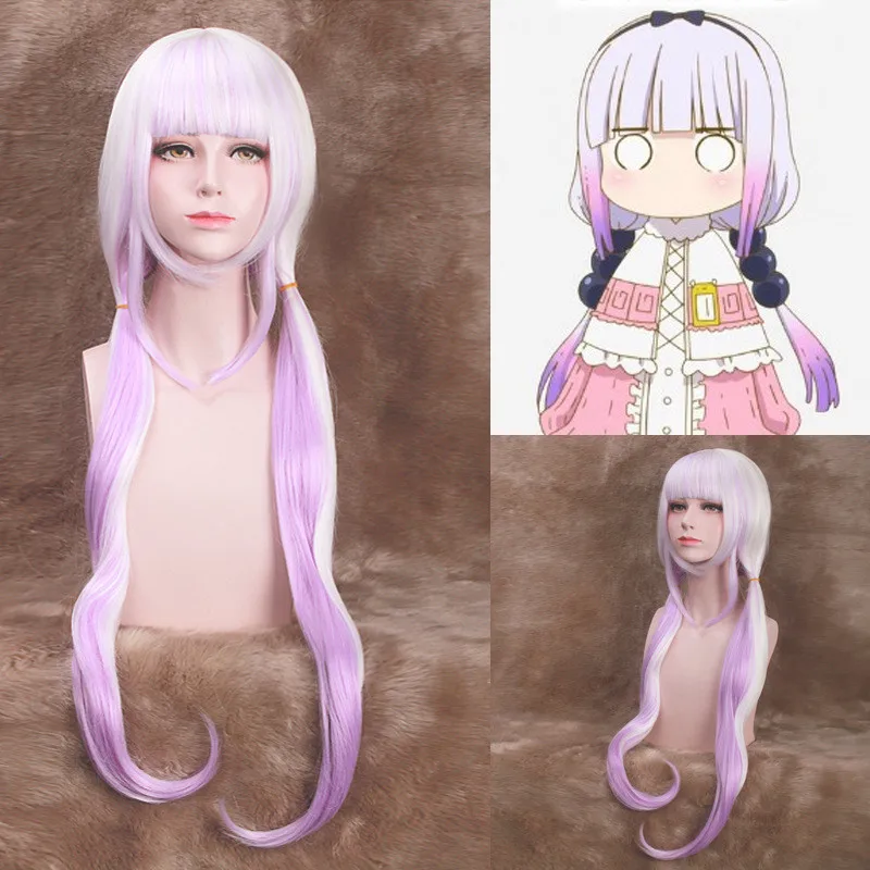 

80cm Kobayashi-san Chi No Maid Dragon Kamui Kanna Wigs Gradient Cosplay Peluca Hair Ornaments Horns Headdress Accessories