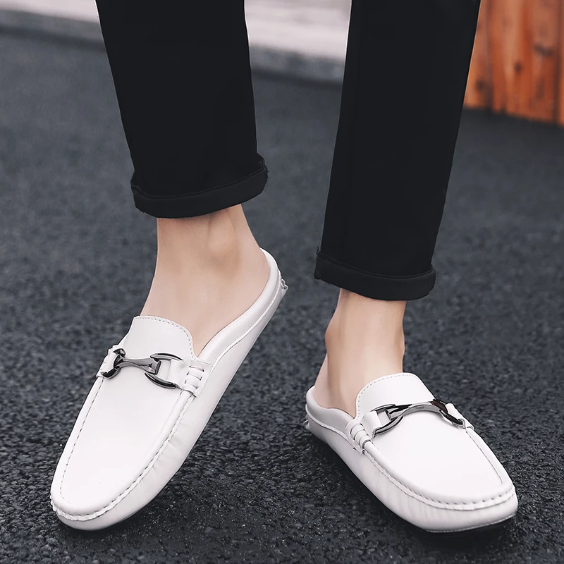 New Summer Men Flats Mules Slip on Genuine Leather Slides Shoes Man Soft Leather Casual Slipper