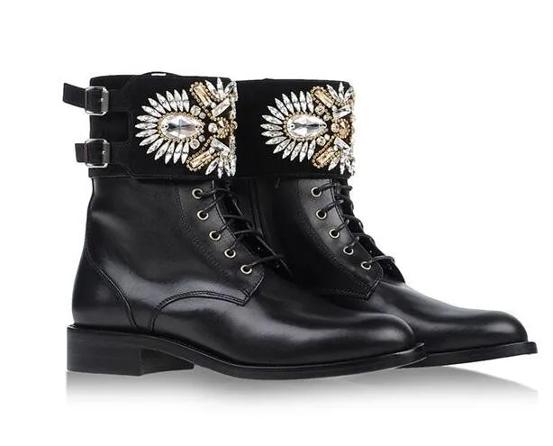 

Women Winter New Fashion Black Ankle Boots Buckle Colorful Rhinestone Martin Boots Pointed Toe Lace Up Genuine Leather Boots