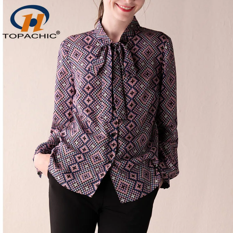 

4.6 2019 Summer Fashion New Print Shirt Women Long-Sleeve Bow Silk Elegance Shirt