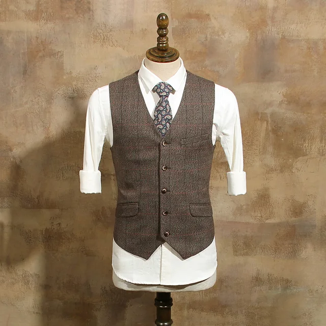 Men's Fashion Single Breasted Coffee Plaid Suit Vests Male Vintage Slim