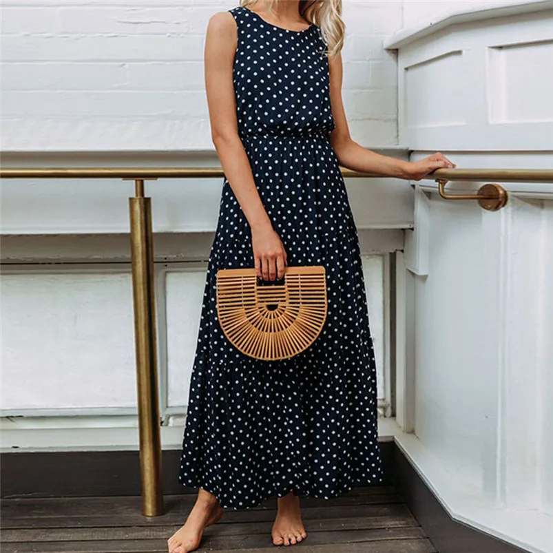 HOT summer dress 2018 beach dress Women Ladies Dot Printing Round Neck Sleeveless Evening Party Long Dress vestidos robe J08#N (4)