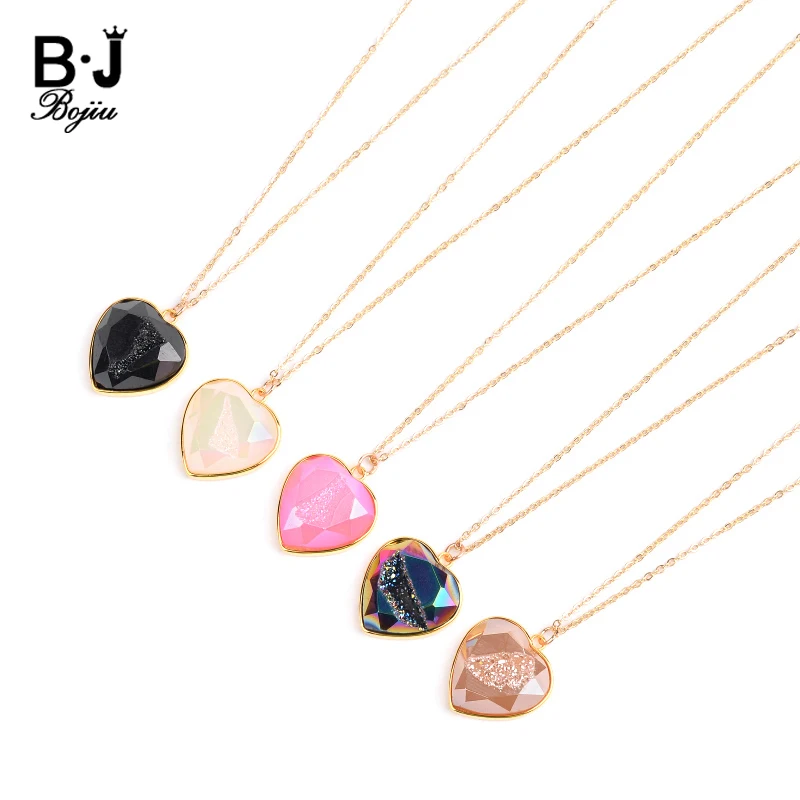 

Bohemian Natural Druzy Stone Pendant Necklaces For Women Adjustable Gold-colro Chain Heart Copper Framing Drusy Necklace NKS236