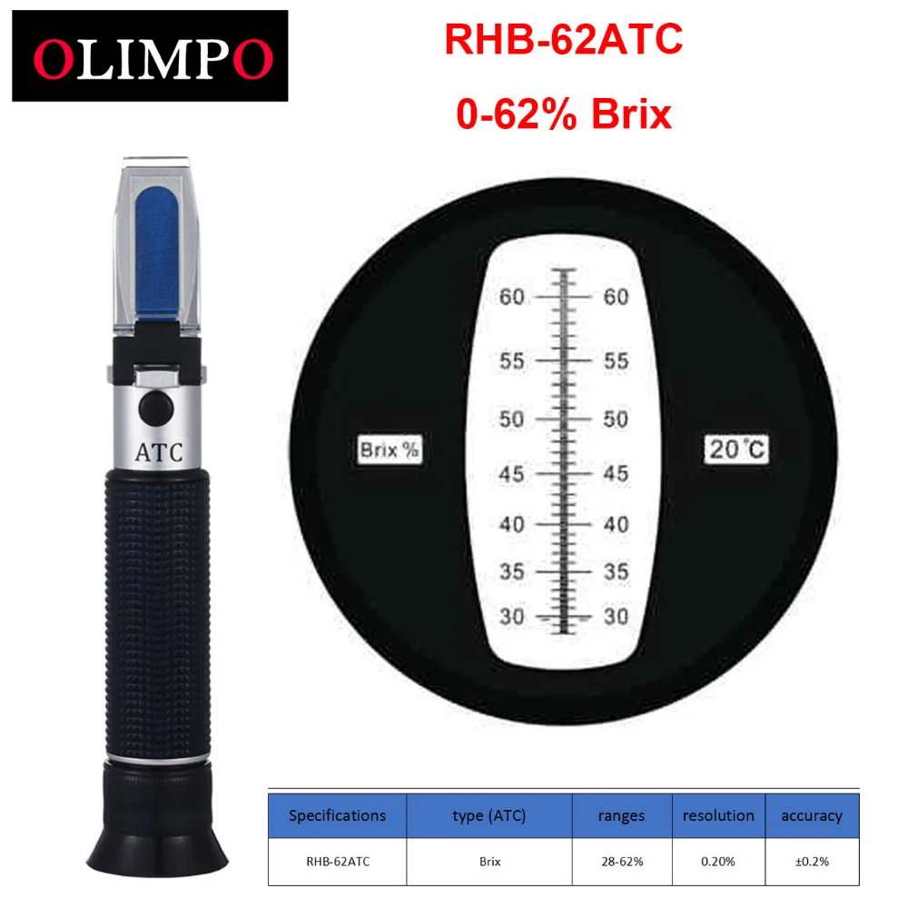 

olimpo RHB-62ATC Hand Held Refractometer Brix 28-62% Fruit Sugar Tester Meter Sweetness Broad Maple Syrup