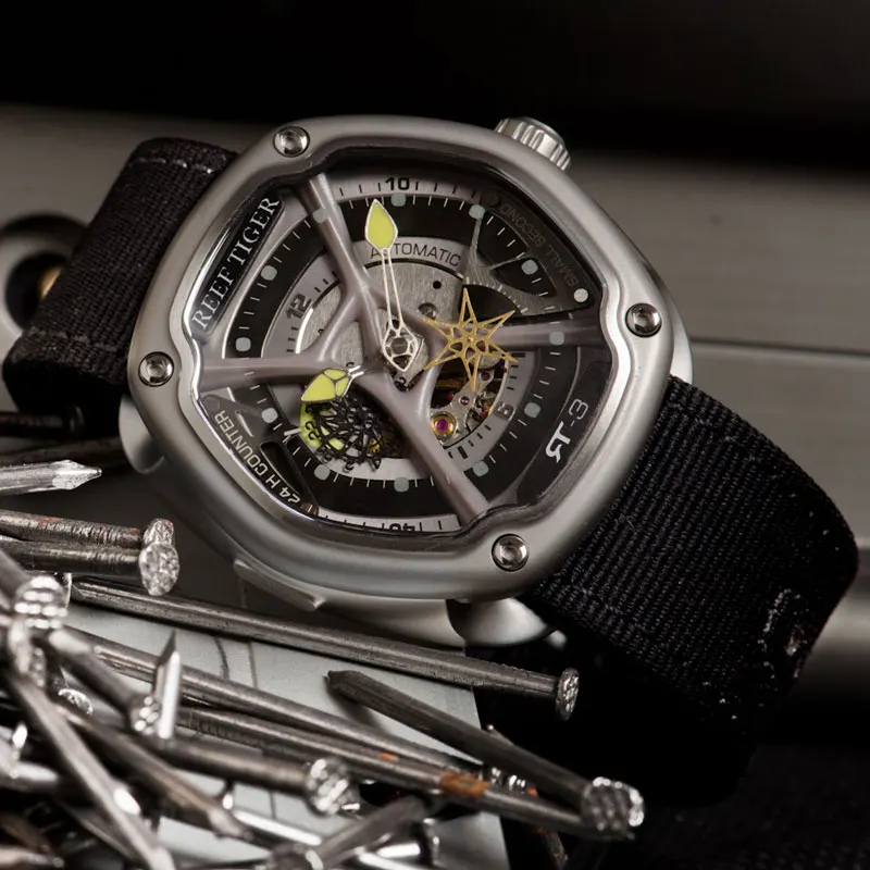 Риф Тигр роскошный бренд турбийон часы мужские спортивные водонепроницаемые светящиеся нейлоновые/резиновые автоматические часы Креативный дизайн