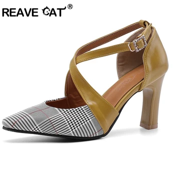 

REAVE CAT 2019 NEW Spring summer Shoes woman High heels Hoof heel Pointed toe Cloth Plaid stripe Buckle Female Yellow Work A1842