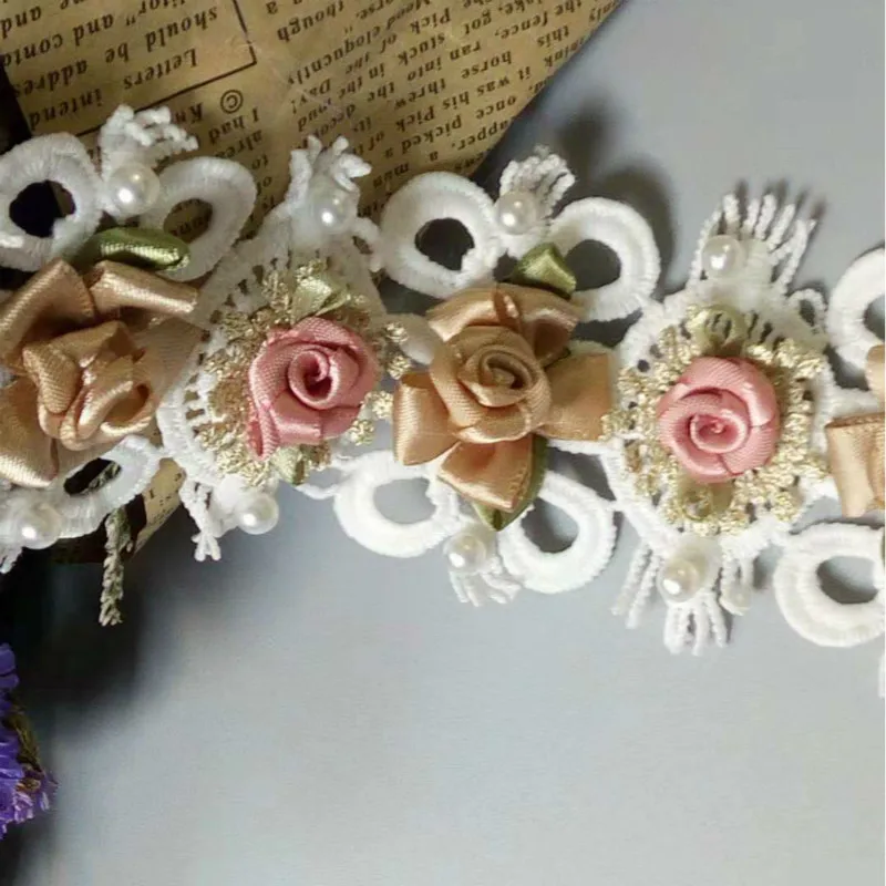 

1 yard Gold Colorful 3D Pearl Flower Embroidered Lace Trim Ribbon Fabric Handmade DIY Garment Sewing Craft Gift Decorative 6CM