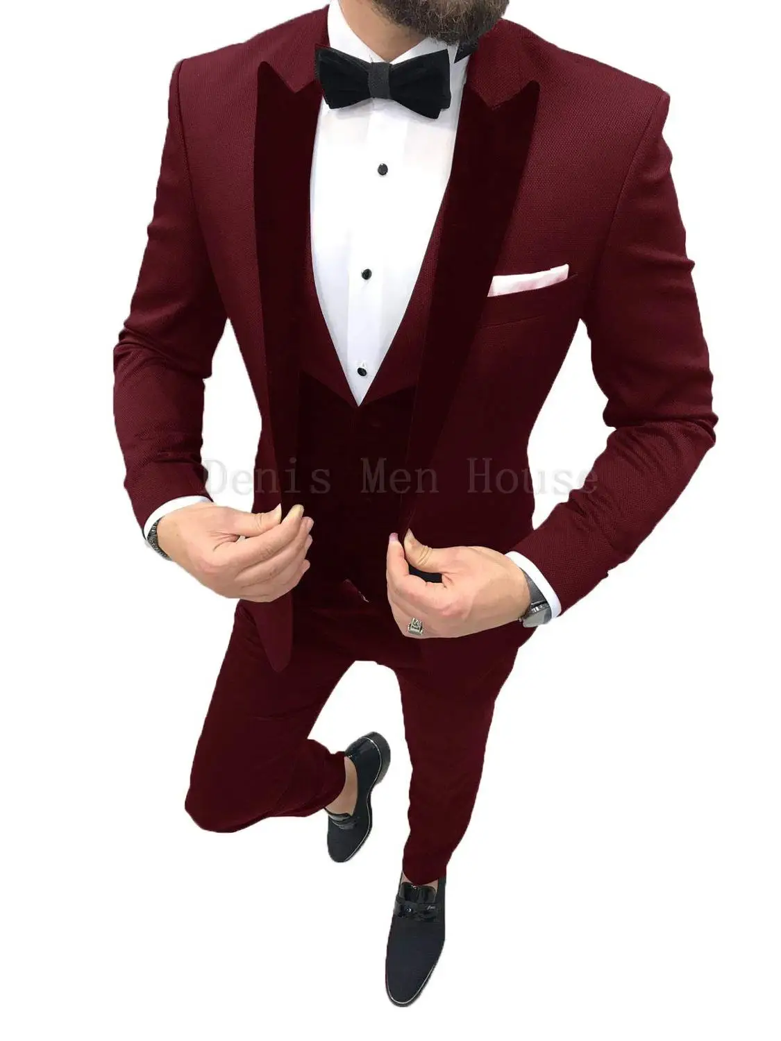 

Burgundy with Velvet Lapel Men Suits Slim Fit 3 Piece Blazer Tailor Made Wine Red Groom Prom Party Tuxedo Jacket Pants Vest