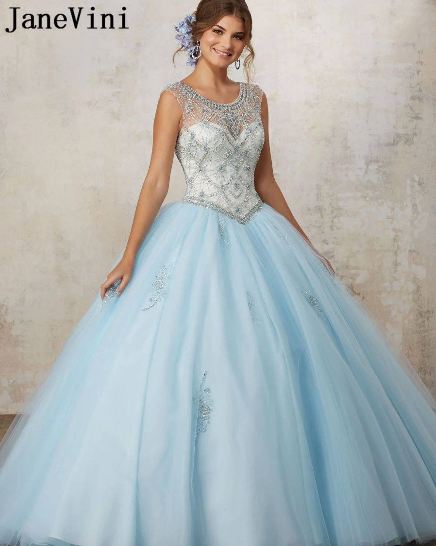 JaneVini роскошное светло голубое бальное платье Quinceanera платья с глубоким вырезом и