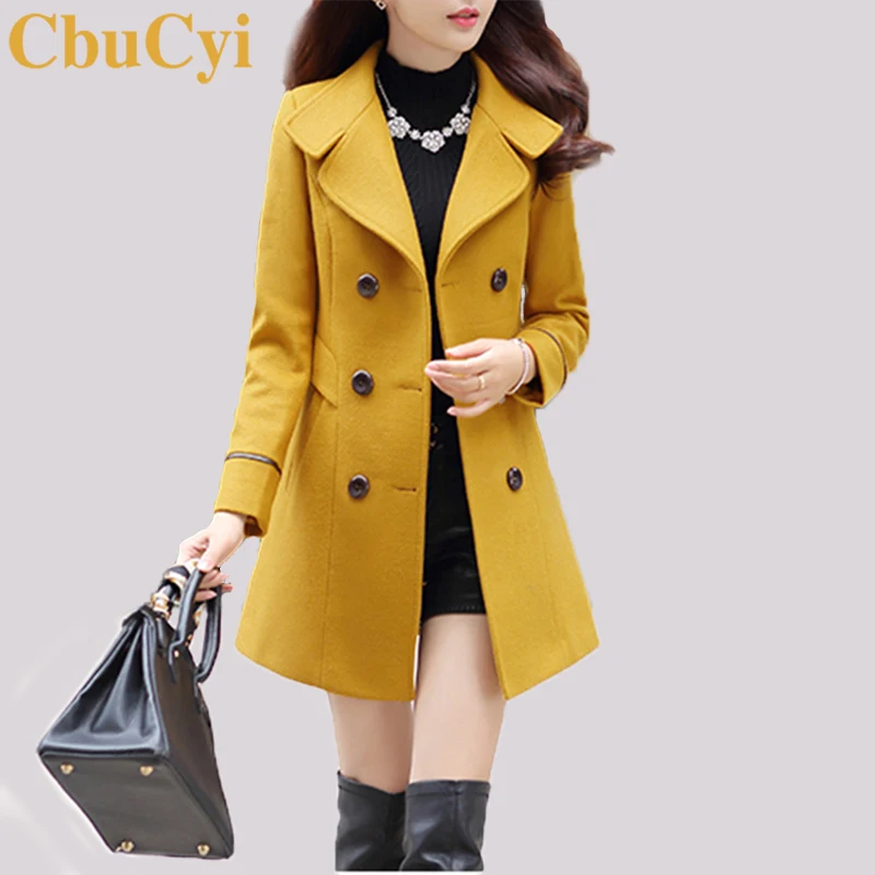 

CbuCyi 4 Colors Plus Size Overcoat Female Wool Jacket Slim Double Breasted Turn-down Collar Long Jackets Coats Women Blends Coat