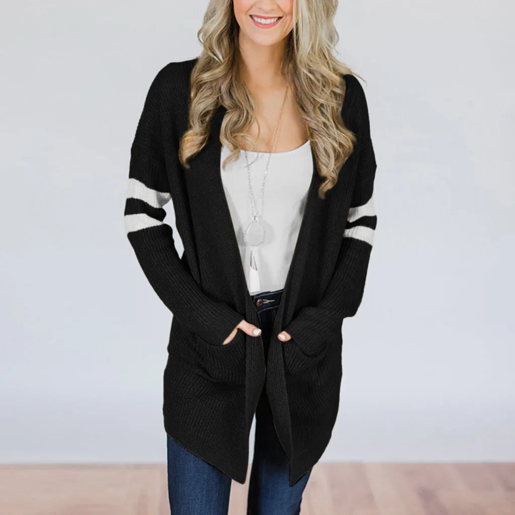 

Autumn Winter Women Sweaters Fashion Women Striped Long Sleeve Knitted Sweater Pockets Long Cardigan Top Coat Outwear Hot Sales