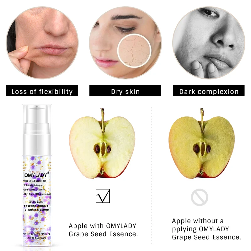 OMY LADY Face Serum Grape Seed Anti-Wrinkles Anti-Aging Essence Hyaluronic Acid Vitamin C Moisturizing Brighten Repair liquid