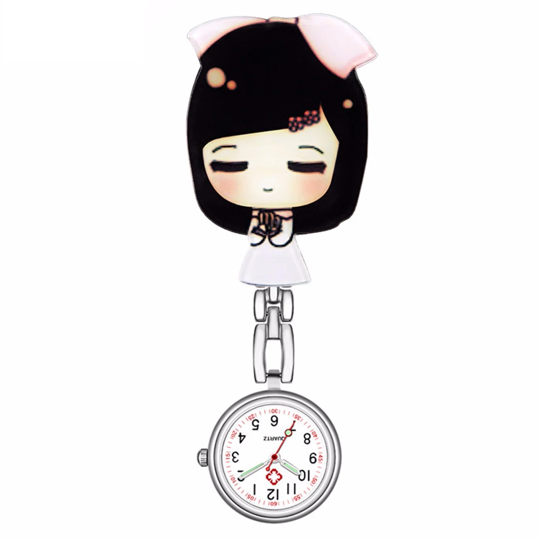 Shellhard 1pc Cute Cartoon Nurse Watch 6 Styles Beautiful Girl Pattern Luminous Pin Quartz Pocket Brooch Fob Nurse Watch