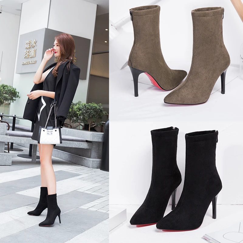 

2019 Sexy Autumn Explosions Fashion super high heels 9CM women boots Red Bottom pointed toe suede booties botas feminina