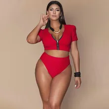 Высокая талия красный купальник бикини на молнии набор танкини плюс большой размер Купальники 4XL купальный костюм Сексуальная бразильская Пляжная мода
