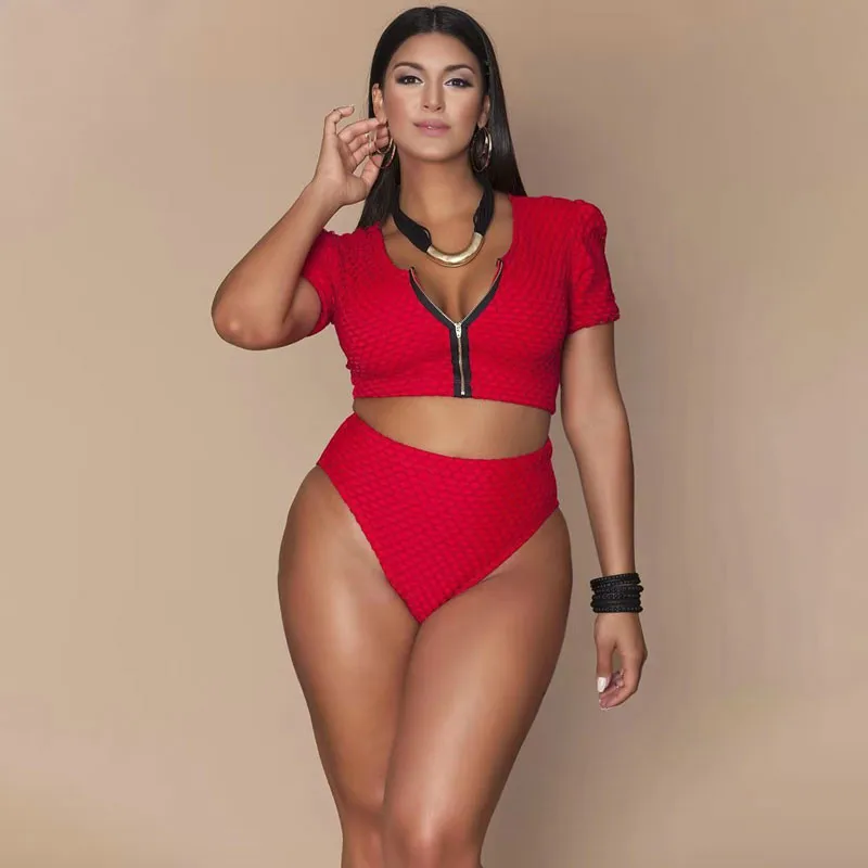 

High Waist Red Zipper Swimsuit Two Piece Set Tankini Plus Large Size swimwear 4XL Bathing Suit Sexy Brazilian Beachwear Fashion