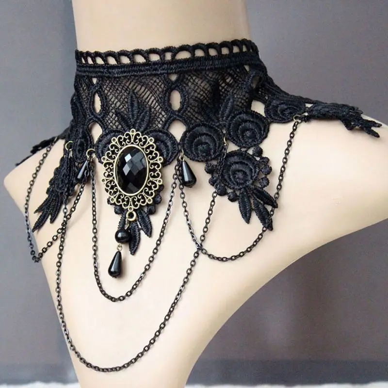 

Women Fake Collar Gothic Style Necklace Chain Embroidered Lace Vintage Tassel Punk Detachable Collar