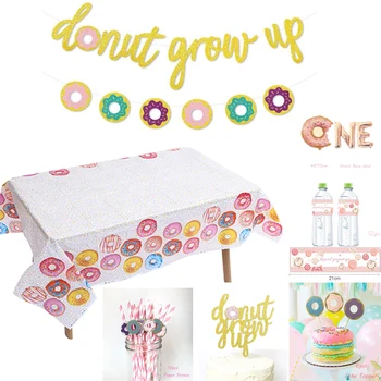 

Omilut Donut Disposale Tableware Set Donut 1th Birthday Disposable Tablecloth Donut Grow Up Cake Topper/Balloons Baby Shower Gir