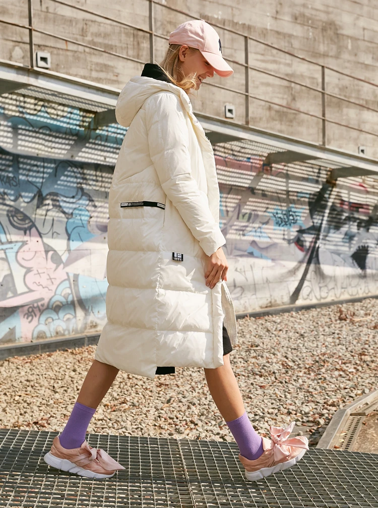 Amii повседневное женское зимнее пальто на утином пуху,, теплое, плотное, с нашивками, дизайн с буквами, с капюшоном, уличная одежда, женские пуховики