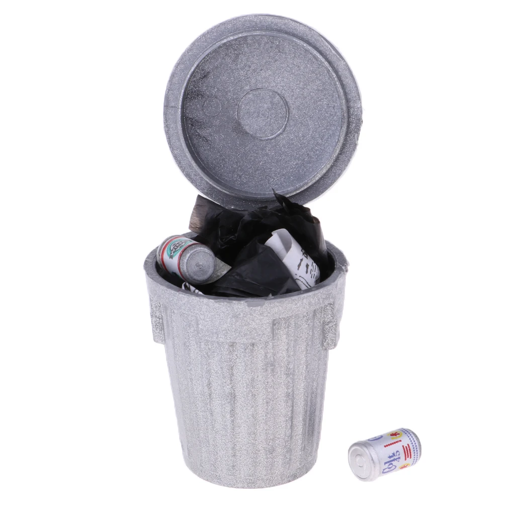 Miniatures Furniture Alloy Trash Can for 1:12 Dollhouse Scenes Accessories Silver