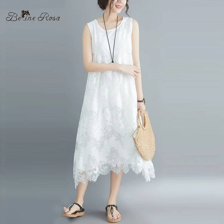 

BelineRosa 2019 Women's Lace Dress Summer Style Elegant Ladies Sleeveless Dresses Black / White Color YPYC0007